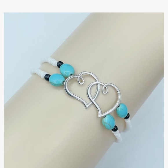 Silver Heart Charm Bracelet with White and Blue Beads - Picture 6 of 6